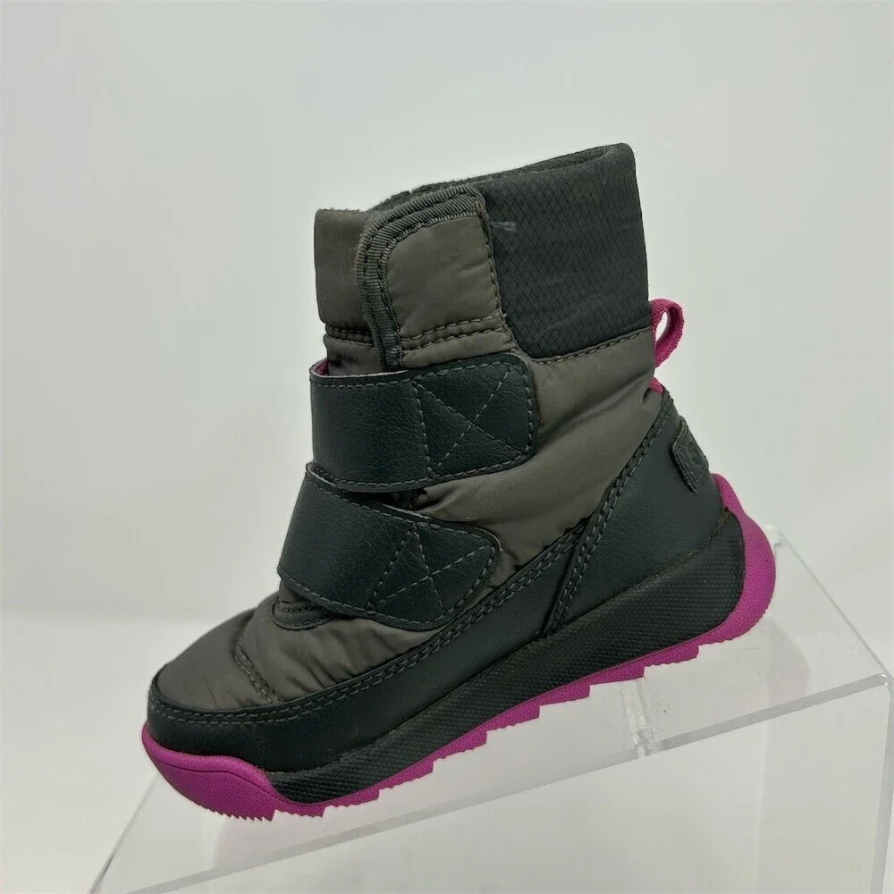 Sorel Kids Whitney II Strap Winter Snow Boots Gray Charcoal Purple Size 8
